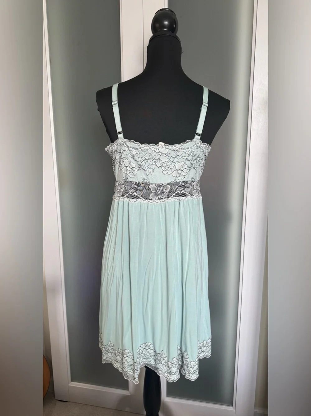 Soma Light Mint Lace-Trim Chemise with Gray Embroidery